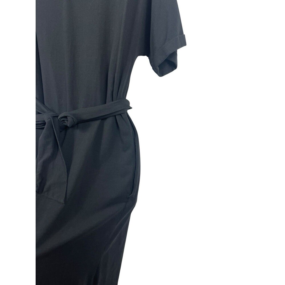 Women’s Black Dress Midi Short Sleeve Tie Waist Side Slit XS Minimalist - Picture 4 of 13